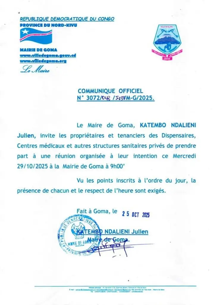 Goma : Le Maire convoque une réunion cruciale avec les structures sanitaires privées