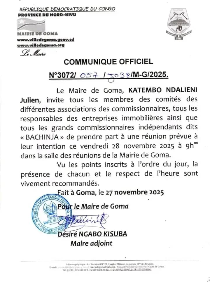 Goma : La Mairie convoque une réunion stratégique avec les acteurs du secteur immobilier et les grands commissionnaires